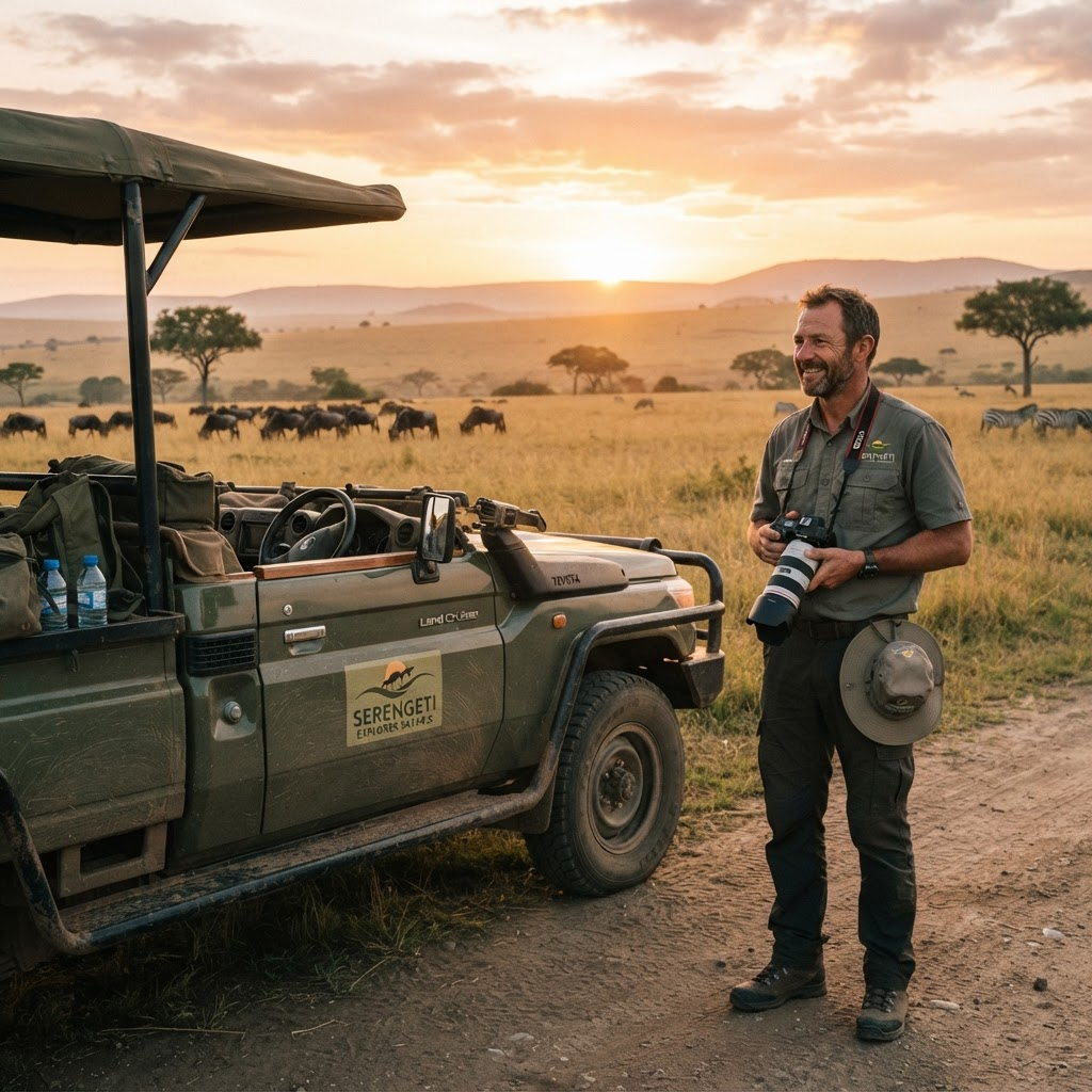 Safari guide and photographer overlooking the savanna at sunrise