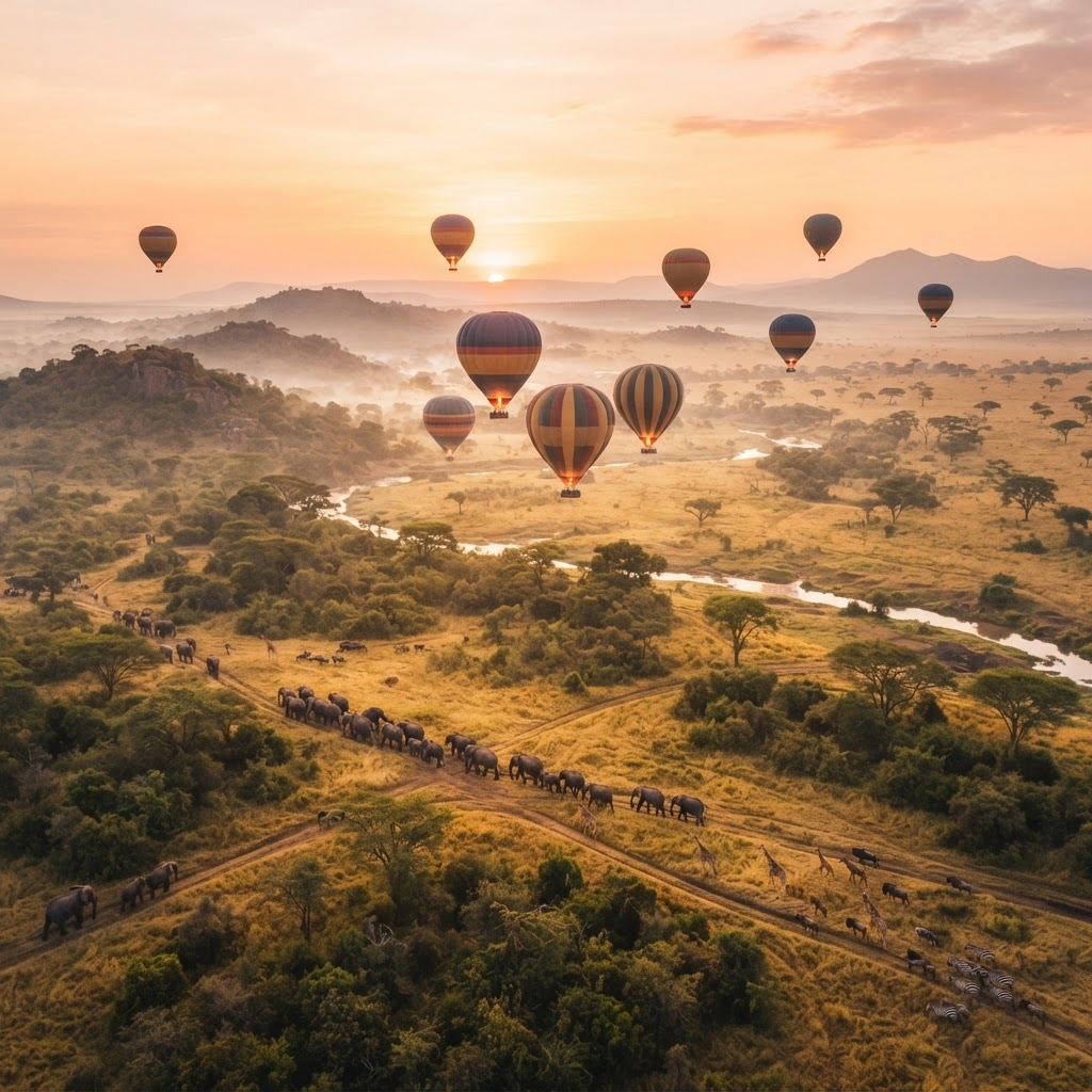 Hot air balloons drifting over the savanna at sunrise
