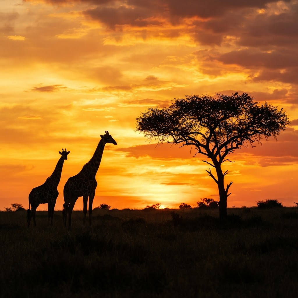 Giraffes at sunset